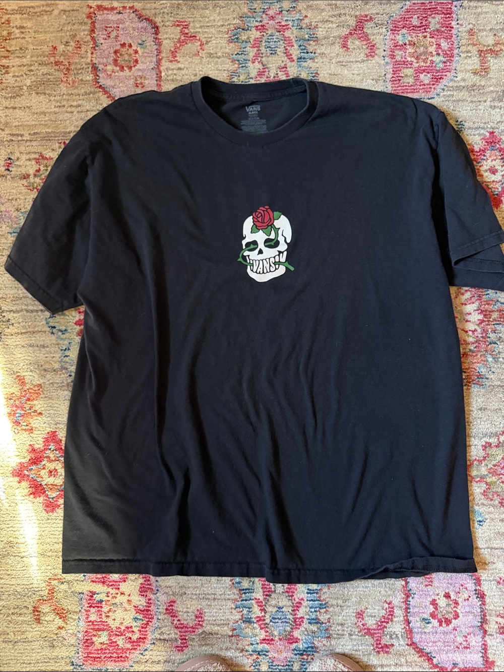 Vans Black Short Sleeve Tee with White Skull and Red Rose Graphic